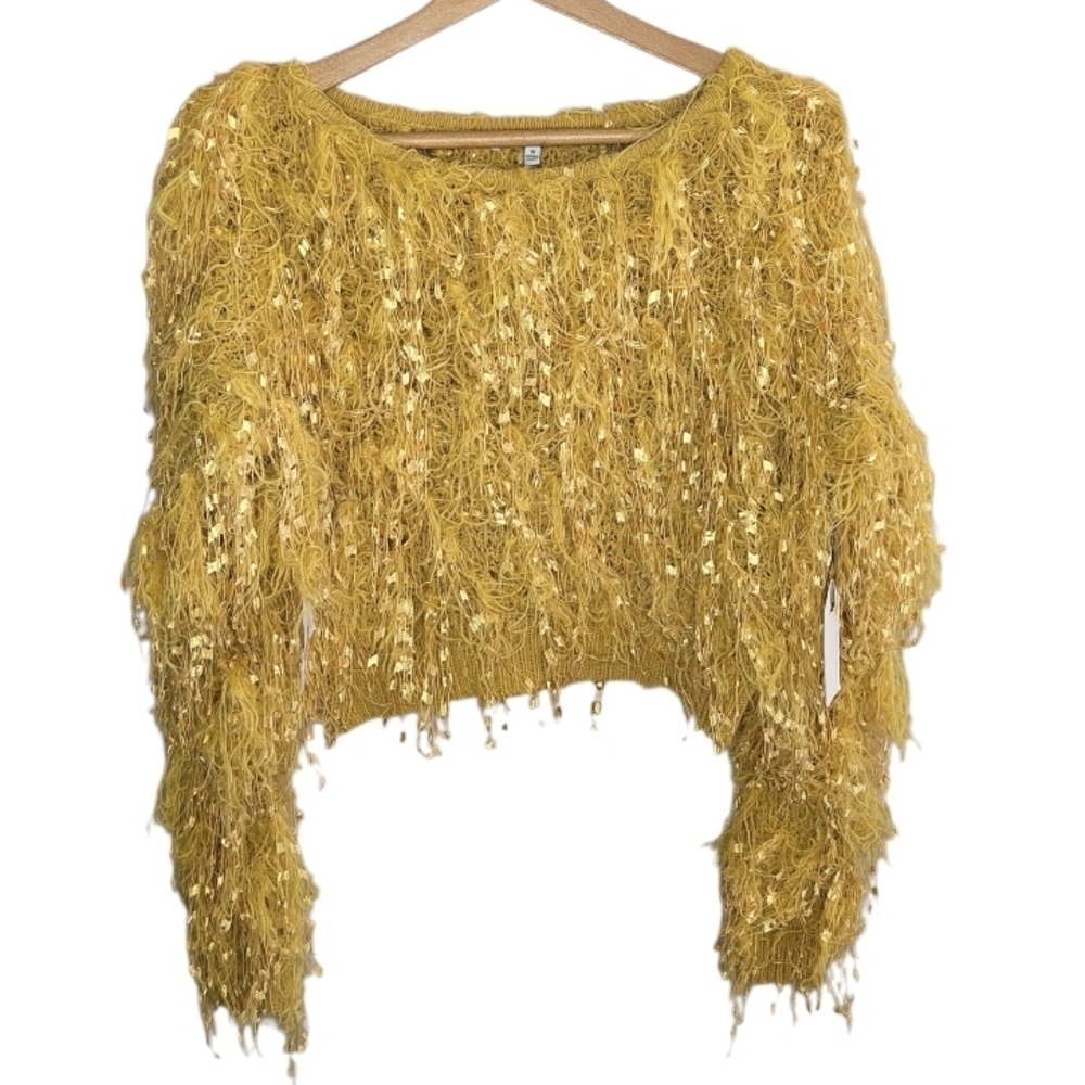 NWT Ivory Rose | Mustard Yellow Fuzzy Fringe Furry Cropped Sweater Size Small
